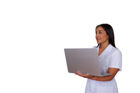 Woman doctor or scientist in lab coat holding laptop, using technology for healthcare, research, and innovation, transparent background