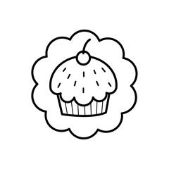 minimal cupcake logo design, hand drawn bakery emblem with cherry, cute black and white dessert icon