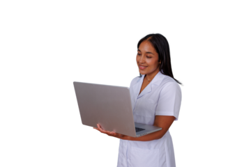 Young female doctor using laptop, providing telemedicine consultation and digital healthcare services, transparent background