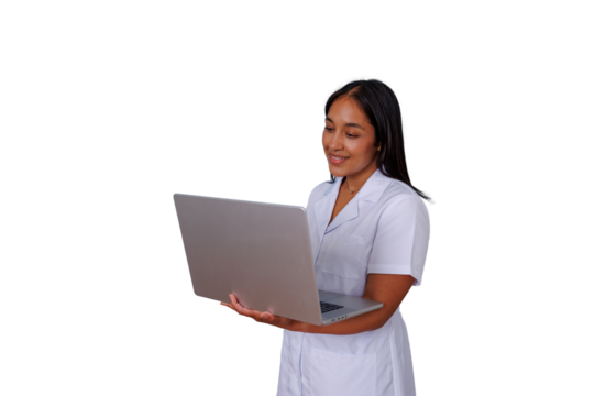 Young female doctor using laptop, providing telemedicine consultation and digital healthcare services, transparent background - Powered by Adobe