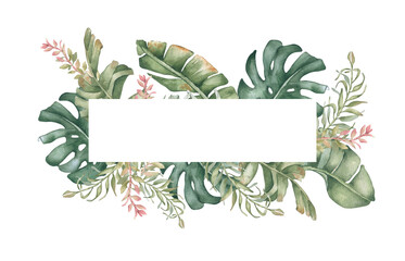 Watercolor botanical horizontal frame of lush tropical plants isolated. Monstera and palm leaves drawing in soft green colors square border. Greenery frame for Hawaii wedding cards, menu beach style.