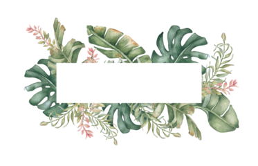 Watercolor botanical horizontal frame of lush tropical plants isolated. Monstera and palm leaves drawing in soft green colors square border. Greenery frame for Hawaii wedding cards, menu beach style.