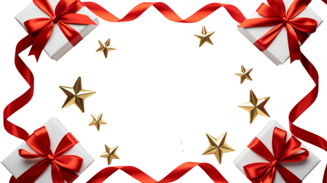 Festive gifts with red ribbon and golden stars create holiday magic
