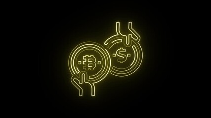 Glowing neon line exchange with rotating arrows. Currency transfer icon animation HD video isolated on black background.