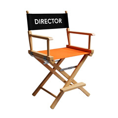 Classic wooden director s chair with orange fabric seat and backrest displaying the word director isolated on transparent background