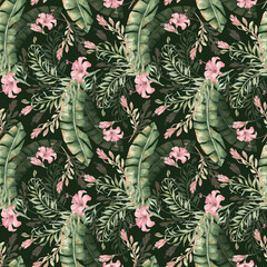 Botanical jungle seamless print hand drawn on dark background. Watercolor palm fronds and hibiscus flowers on repeat pattern. Seamless design for beach wear, coastal home textiles.