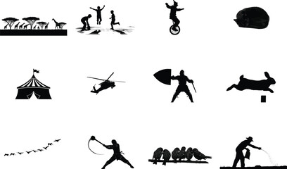 Diverse silhouettes of animals people and objects nature