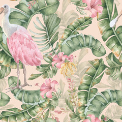 Jungle botanical watercolor seamless pattern isolated. Delicate pink exotic bird palm fronds and tropical blooms in muted palette. Hand drawn Hawaiian design for textile prints, packaging and textile.