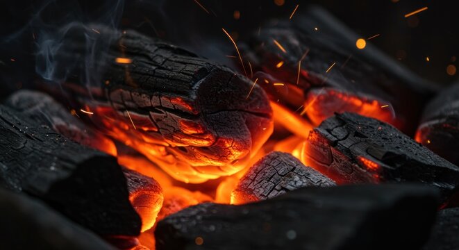 Closeup of glowing hot embers and charcoal with sparks