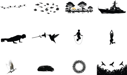 Flock birds fish village ship person yoga dog flying