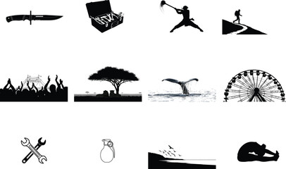 Knife toolbox warrior hiker whale Ferris wheel wrenches grenade birds stretching