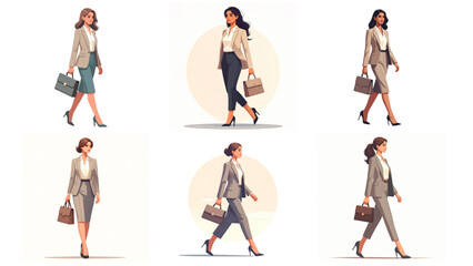 Vector Set illustration of a confident businesswoman walking, dressed in a formal outfit, full body visible, isolated on white. Perfect for corporate and business design use.