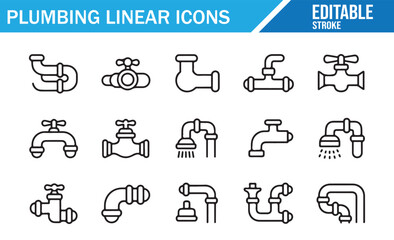 Fototapeta premium Collection of plumbing linear icons showing water taps, showerheads, pipes, faucets, valves, and fittings in editable stroke outline style for plumbing services, repair, installation, and maintenance 