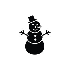 Simple black silhouette of a cheerful snowman wearing a top hat isolated on transparent background