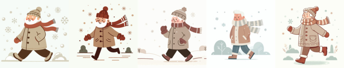 vector of a grandfather walking in a snowy atmosphere