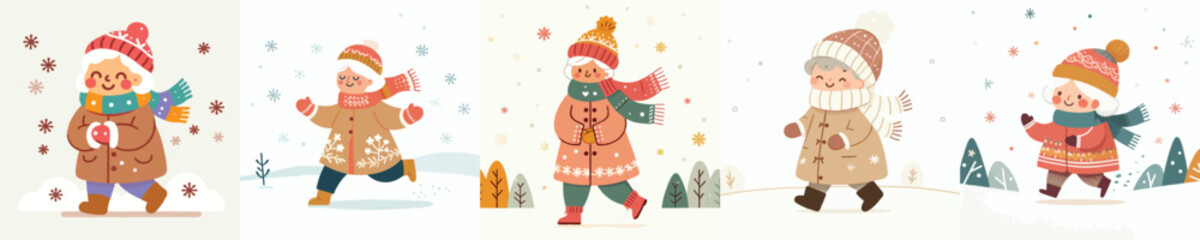 vector of a grandmother walking in a snowy atmosphere