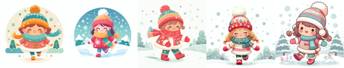 vector of a little girl walking in a snowy atmosphere