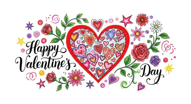 Valentine's Day Love: A vibrant declaration of love and affection, featuring a beautifully illustrated heart filled with intricate designs, surrounded by flowers, leaves.