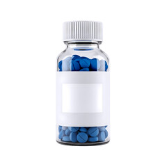 Clear glass medicine bottle filled with blue pills and a white label isolated on transparent background