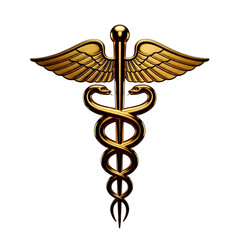 Golden caduceus medical symbol with wings and snakes isolated on transparent background