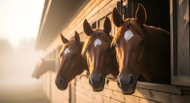 Serene morning at the horse stable: tranquil equestrian scene for farm decor or animal lovers