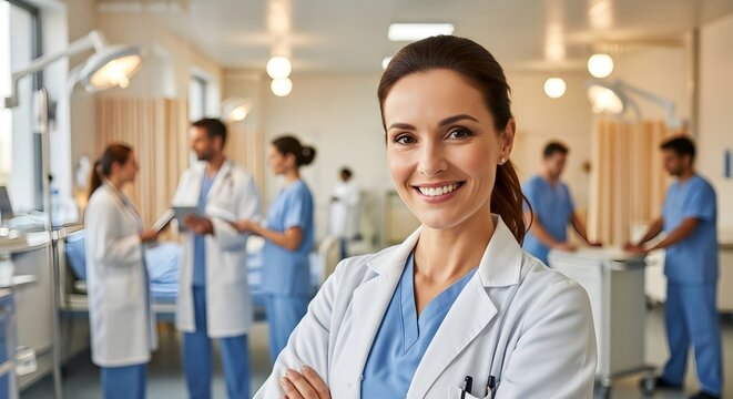 Healthcare professional team in a hospital setting with doctors in white coats and nurses in scrubs engaging in clinical discussions for patient care and medical collaboration
