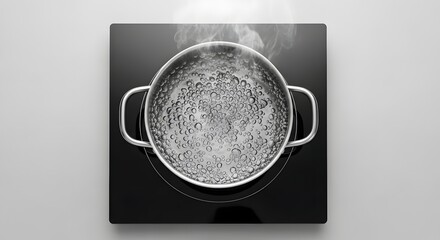 Boiling water in stainless steel pot on modern electric stove with steam for kitchen and cooking concepts