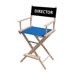 Classic wooden director s chair with blue seat and backrest labeled director isolated on transparent background