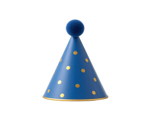 Blue party hat with gold polka dots and fluffy pompom on top, festive and cheerful, perfect for birthday celebrations, children parties, or special events