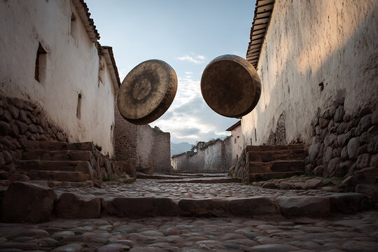 Ancient peruvian street with floating stones cusco machu picchu travel destination andes mountains tourism