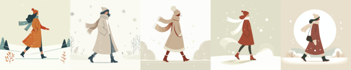 vector of a woman walking in a snowy atmosphere
