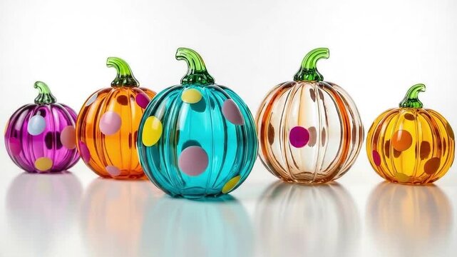 Colorful Glass Pumpkins Display: A captivating arrangement of vibrantly colored glass pumpkins, each uniquely adorned with polka dots and stems, evokes the festive spirit of autumn. 