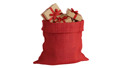 Santa's sack overflowing with Christmas gifts tied with red ribbon