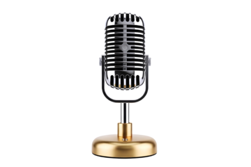 Vintage retro microphone with a gold base and black body isolated on transparent background
