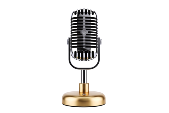 Vintage retro microphone with a gold base and black body isolated on transparent background