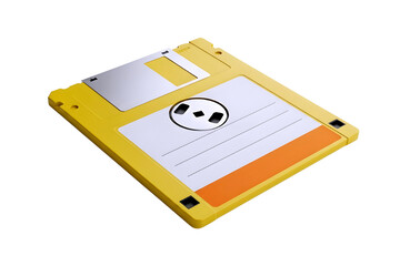Retro yellow 3 5 inch floppy disk with label and shutter isolated on transparent background