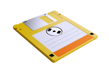 Retro yellow 3 5 inch floppy disk with label and shutter isolated on transparent background