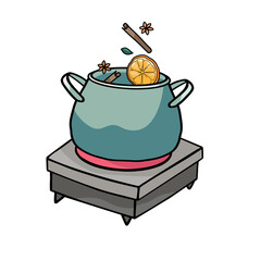 Mulled Wine Cooking in Pot on white background