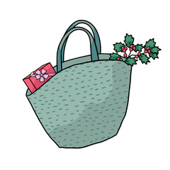 Bag with Holly and Gift on white background