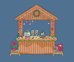 Christmas market mulled wine stall with mugs, pots, oranges, spices and gifts