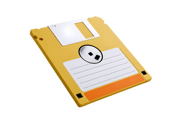 Retro yellow floppy diskette for data storage and computer technology from the past isolated on transparent background
