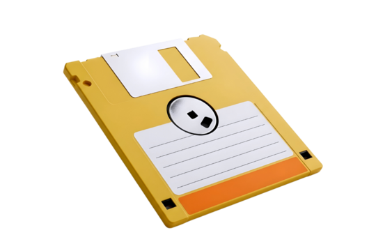 Retro yellow floppy diskette for data storage and computer technology from the past isolated on transparent background