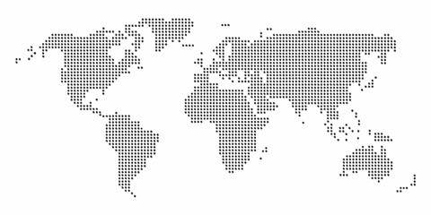 World map composed of dark dots on a white background representing global connections and geography