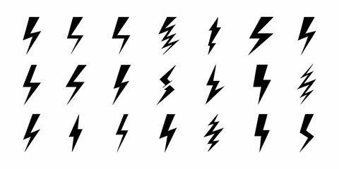 Collection of black lightning bolt icons and symbols representing energy and power