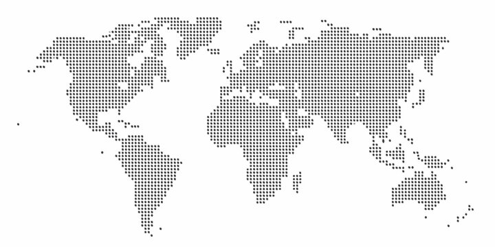 Abstract world map composed of numerous small dark dots on a clean white background
