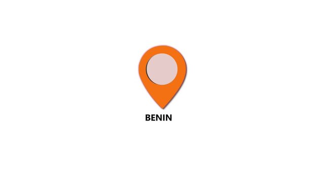 Benin map location pin animation. Benin text up down location pin pointer icon black background, Alpha channel GPS location tracking animation. 4K video
