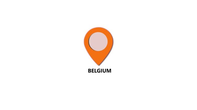 Belgium map location pin animation. Belgium text up down location pin pointer icon white background, Alpha channel GPS location tracking animation. 4K video