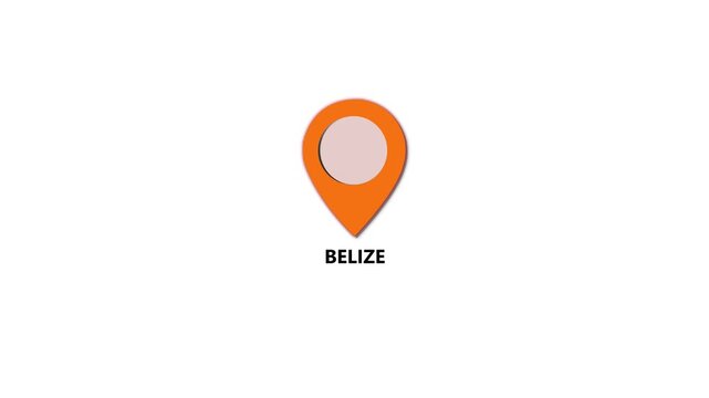 Belize map location pin animation. Belize text up down location pin pointer icon white background, Alpha channel GPS location tracking animation. 4K video