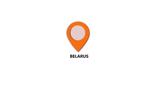 Belarus map location pin animation. Belarus text up down location pin pointer icon white background, Alpha channel GPS location tracking animation. 4K video