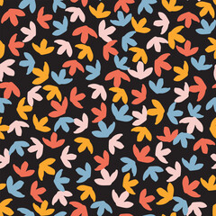 Multicolored abstract leaves seamless repeat pattern. Random placed, vector botany aop, all over surface print on black background.